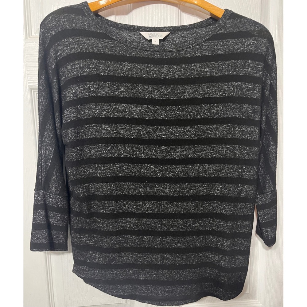 Market & Spruce Womens Black Grey Striped 3/4 Sleeve Boat Neck Knit Top Medium
